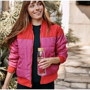 Summersalt Reversible Packable Puffer jacket Lava & Hibiscus Small Color block